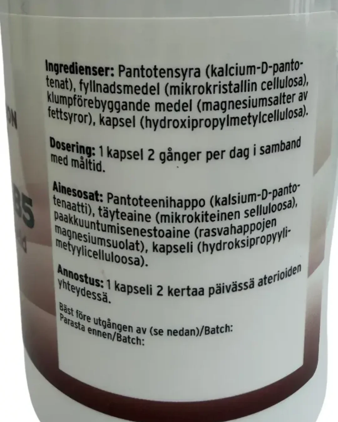 Ingrediensetikett för Pantotensyra vitamin B5-kapslar, Egenvårdspoolen