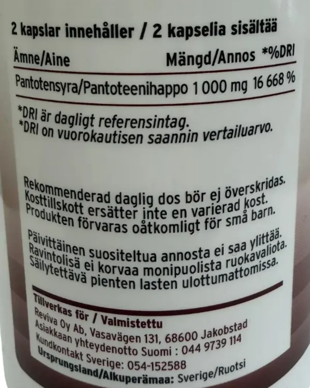 Näringsvärdestabell för Pantotensyra vitamin B5-kapslar, Egenvårdspoolen
